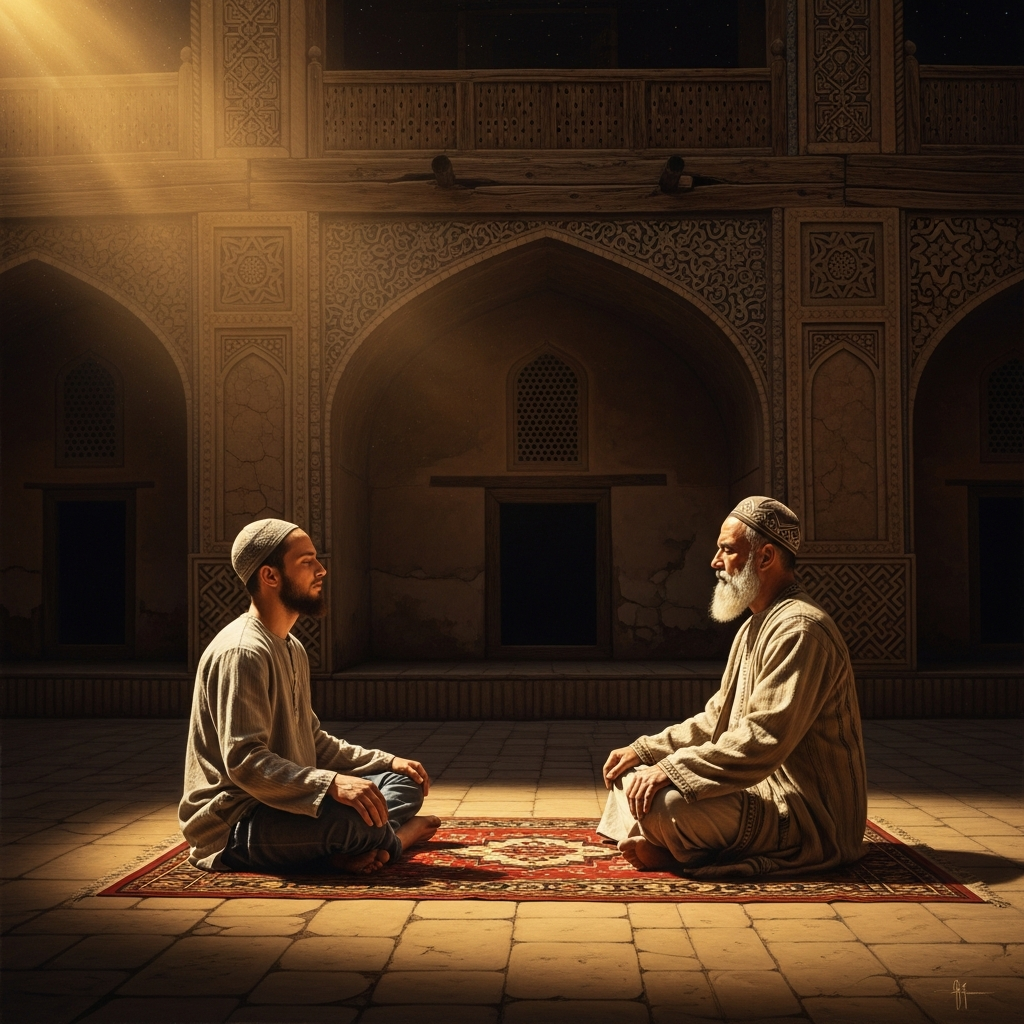 In a Bukhara courtyard at dusk, master and student sit facing each other, eyes open, breathing — the room so quiet that the only sound is two men doing the thing that has no sound.