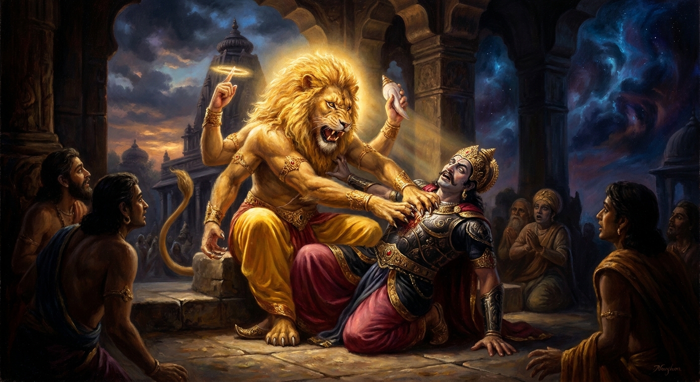 Narasimha holds Hiranyakashipu across his lap — neither earth nor sky, neither inside nor outside — and the demon's inviolability boon is satisfied on every count as the man-lion's claws complete their work.