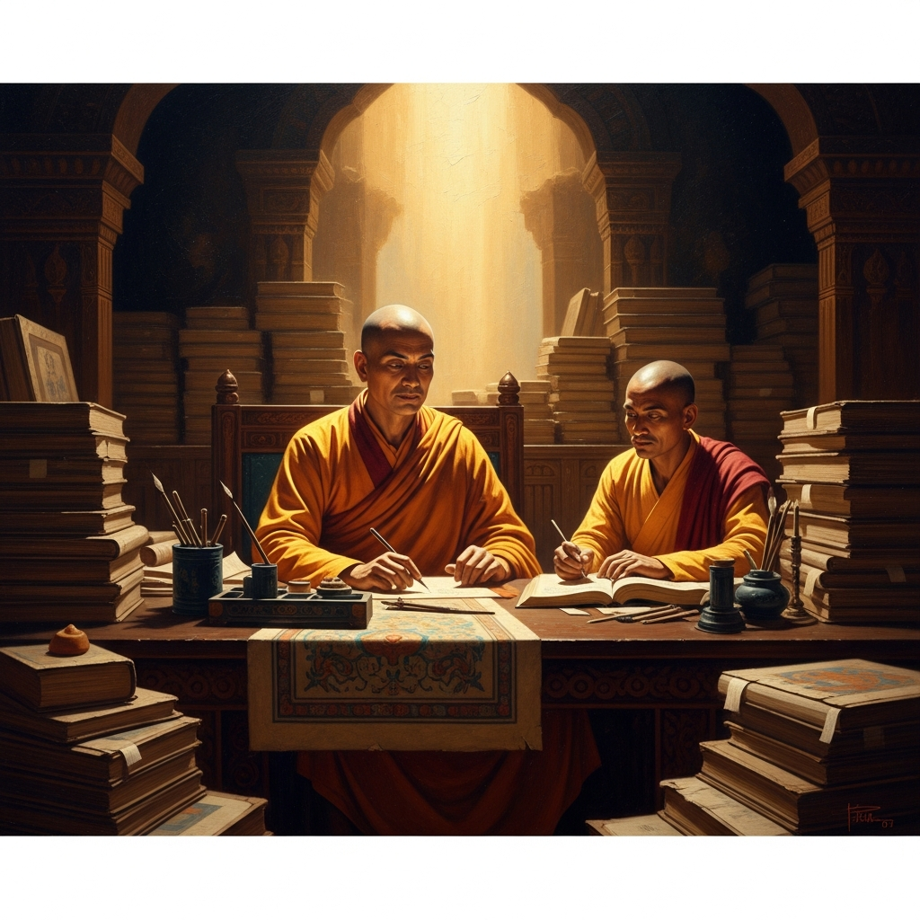 Naropa at his desk in Nalanda, surrounded by manuscripts, his scholar's robe immaculate. Before him an old woman has appeared — hideous, grinning, asking if he understands the words or the meaning. Sunlight falls through the window behind her. He looks up from his text and cannot lie.