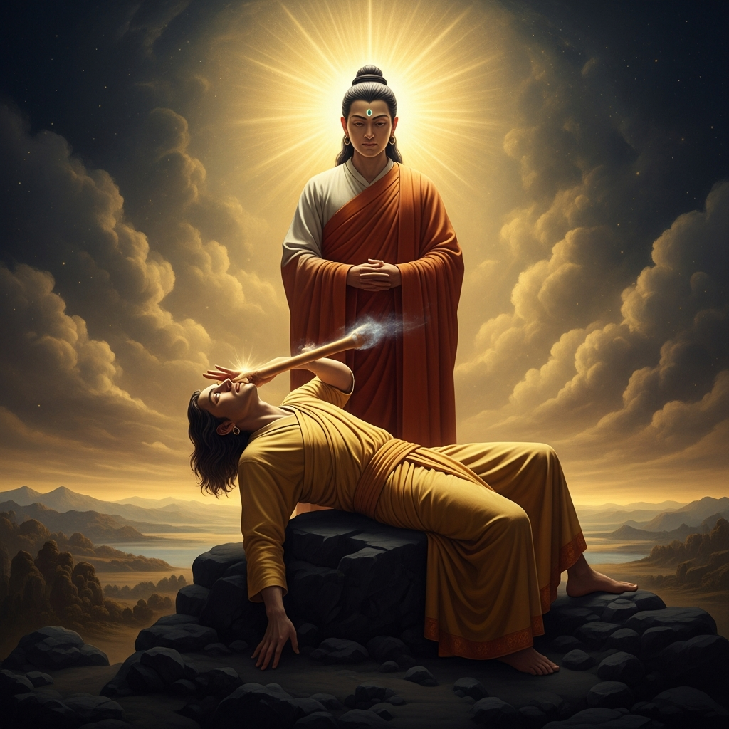 Tilopa strikes Naropa across the face with his sandal at the moment of transmission. Naropa falls. Around him, the landscape dissolves into light. His eyes are open and seeing nothing and everything simultaneously. Tilopa stands above him, completely still, watching.