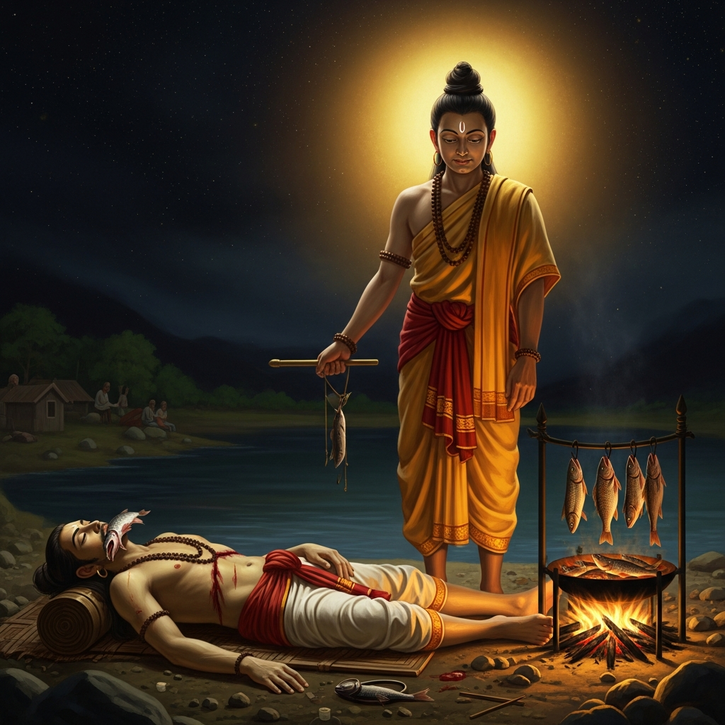 Naropa, his body broken from one of the twelve trials, lies on the bank of a river in Bengal. Tilopa stands over him, cooking fish on a fire and eating them alive, indifferent. Naropa does not ask for help. He does not complain. He watches his teacher eat.