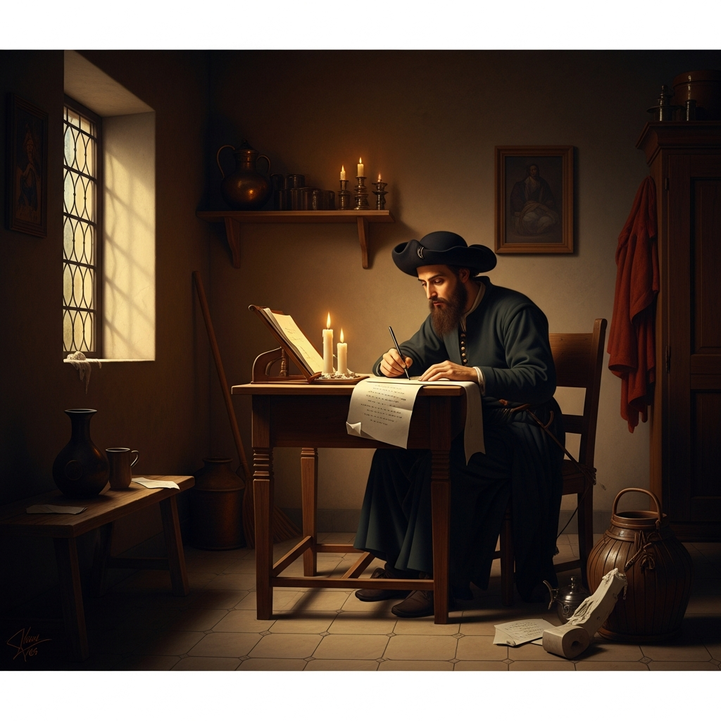 Nathan of Gaza writing by candlelight in a bare room somewhere in the Ottoman Balkans, the year 1666. He is composing a letter that will reframe the conversion not as catastrophe but as mission. His pen moves without hesitation, which is either courage or delusion and possibly both.