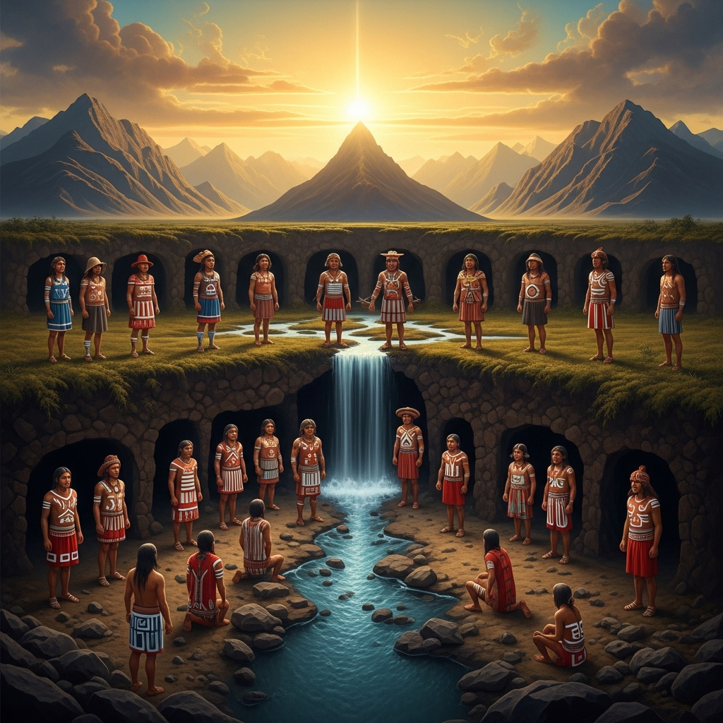 Across the Andean altiplano at dawn, people emerging from caves and rivers and mountain summits in the exact clothing they were painted in underground — each nation stepping into the light at the sacred place Viracocha assigned them, the mountains golden in the first sun.