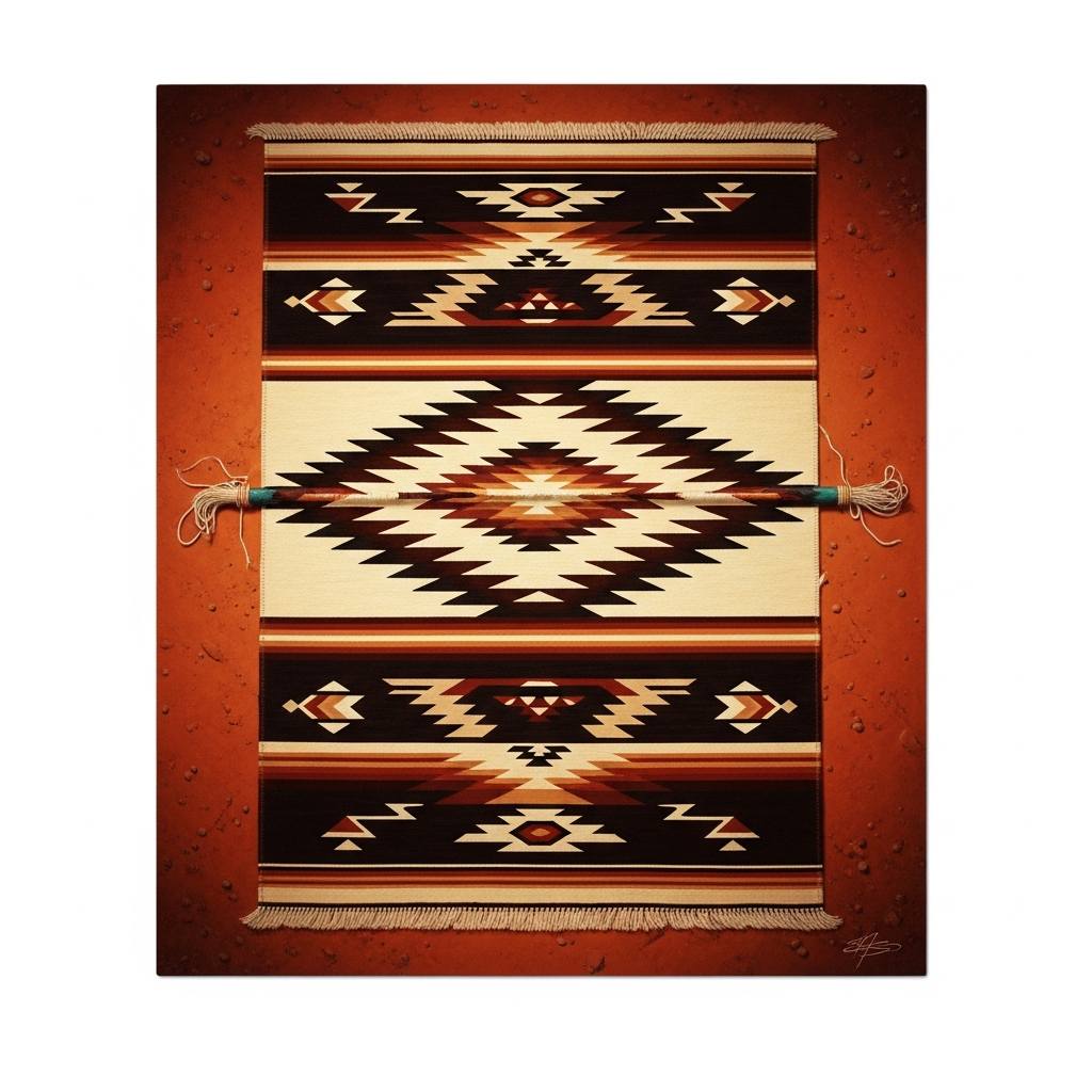 A completed Navajo blanket laid on red earth, its pattern of stepped diamonds and lightning forms perfectly symmetrical. The weaving is so tight no light passes through. At its corners, small imperfections — the spirit line — a deliberate break in the border through which the weaver's spirit can move freely.