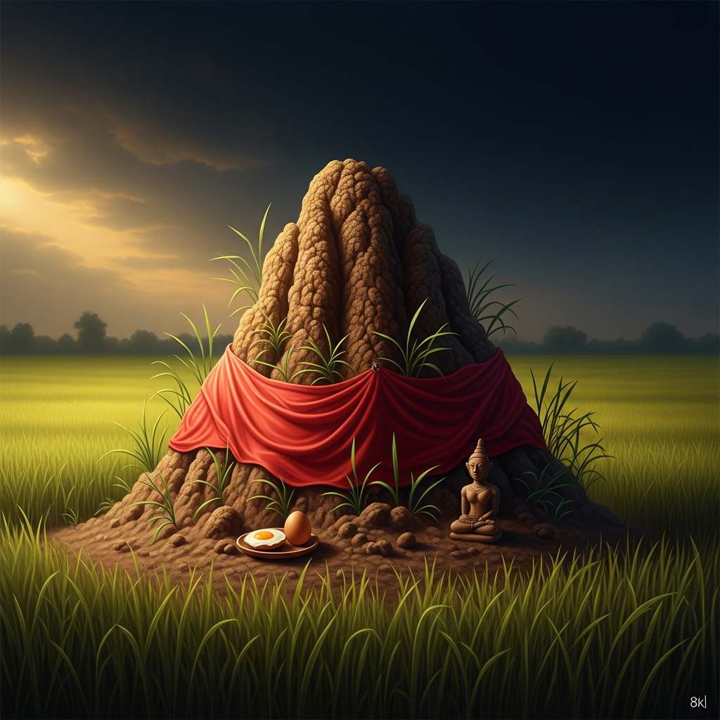 The termite mound at the edge of the rice field, draped with offerings: red cloth, a cooked egg, a small figure of unglazed clay. The Neak Ta inhabits this mound — not metaphorically but actually, in the Khmer understanding. The mound is old enough that no one alive remembers when the spirit was not there. The field around it has been productive for seven generations. This is not coincidence.