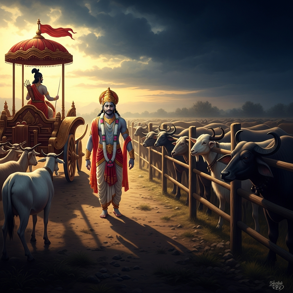 He hears the animals before he sees them. He stops the chariot. He steps down. He walks to the fence and stands looking at the goats and buffaloes penned for slaughter for his feast. Neither side of the fence moves for a long moment.