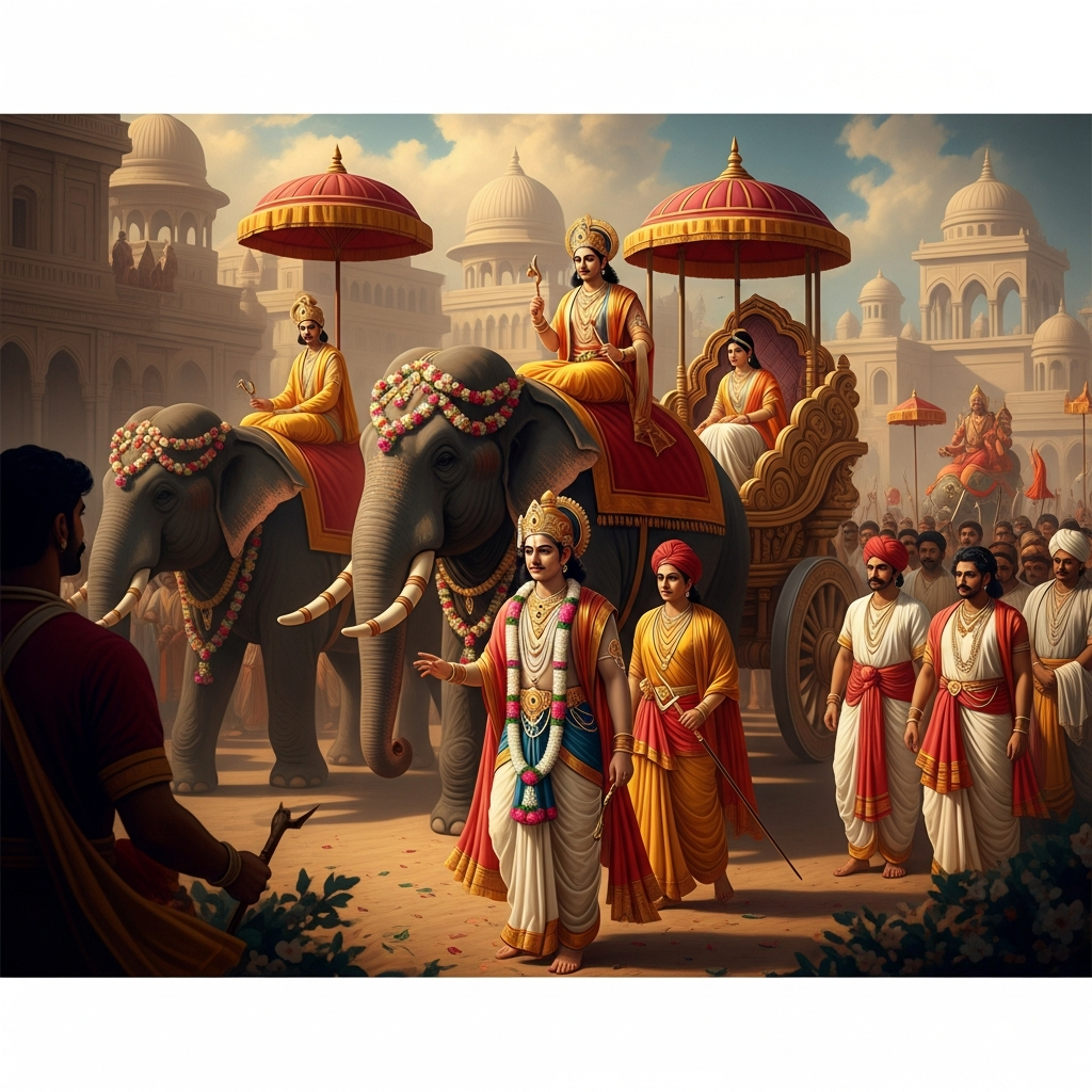The procession moves through Dvaraka in full ceremony — elephants, musicians, garlands. Neminatha rides in a chariot, dressed as a bridegroom. The city has never seen a more magnificent wedding. He has not yet heard the sound from the pens.