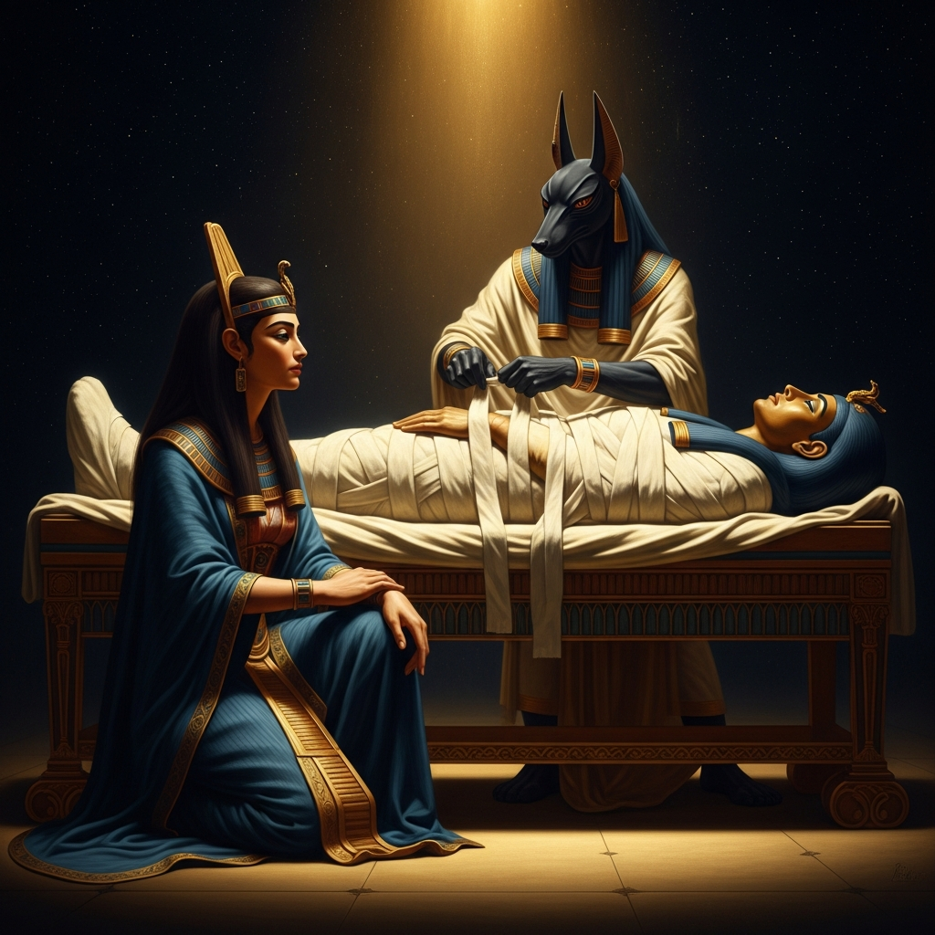 Nephthys at the foot of the bier while Anubis — her son by Osiris, the child of the impossible situation — works the wrappings that will hold what she has found.