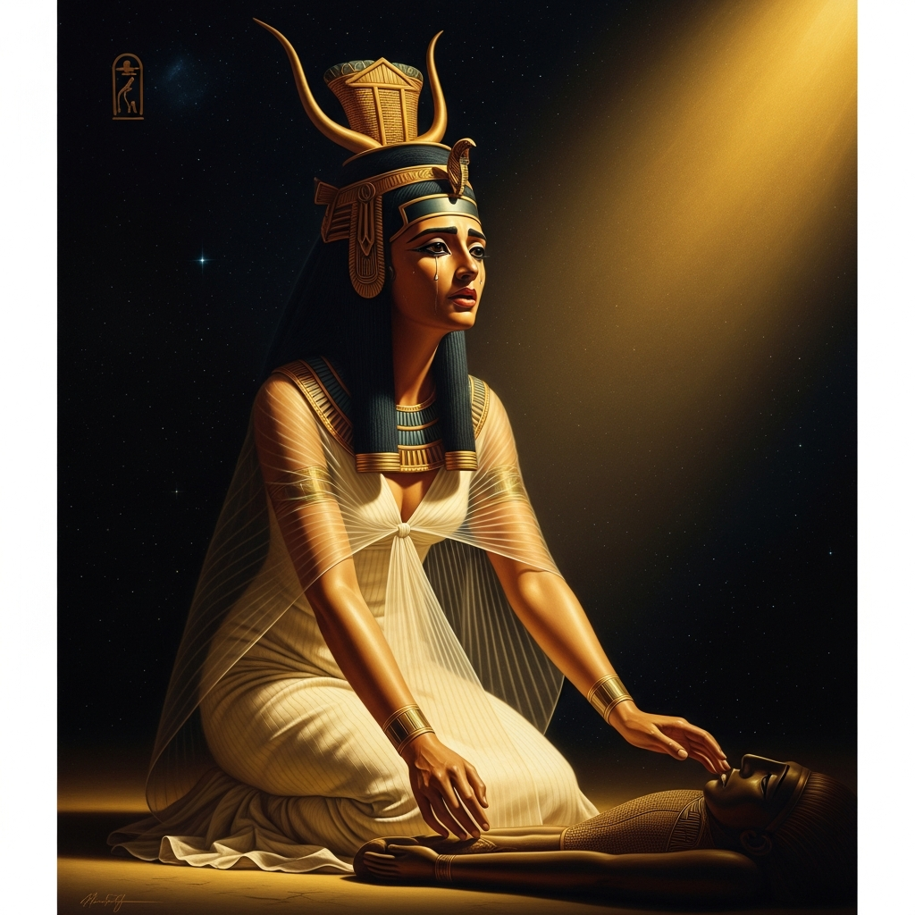The first lament — Nephthys at the moment she finds what she was searching for, the sound that will be repeated at every Egyptian funeral for thirty centuries.