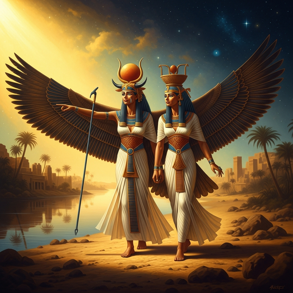 Nephthys and Isis walking the length of Egypt — the two sisters, hawk-winged, searching the riverbanks and the desert edges for what Set has scattered.