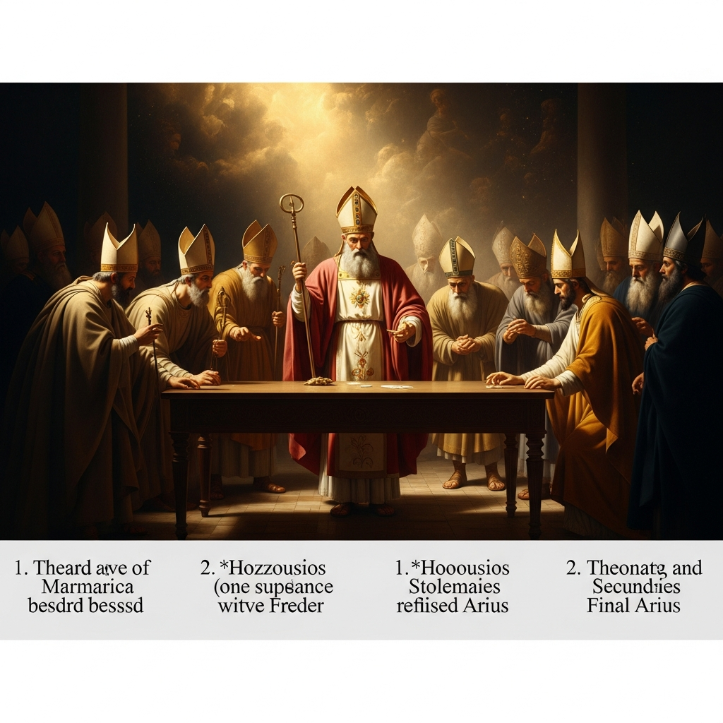 The Creed is read out. *Homoousios* — of one substance with the Father. The bishops sign in turn, their signatures inked beside their sees. Two refuse: Theonas of Marmarica, Secundus of Ptolemais. They are exiled with Arius. The vote stands.