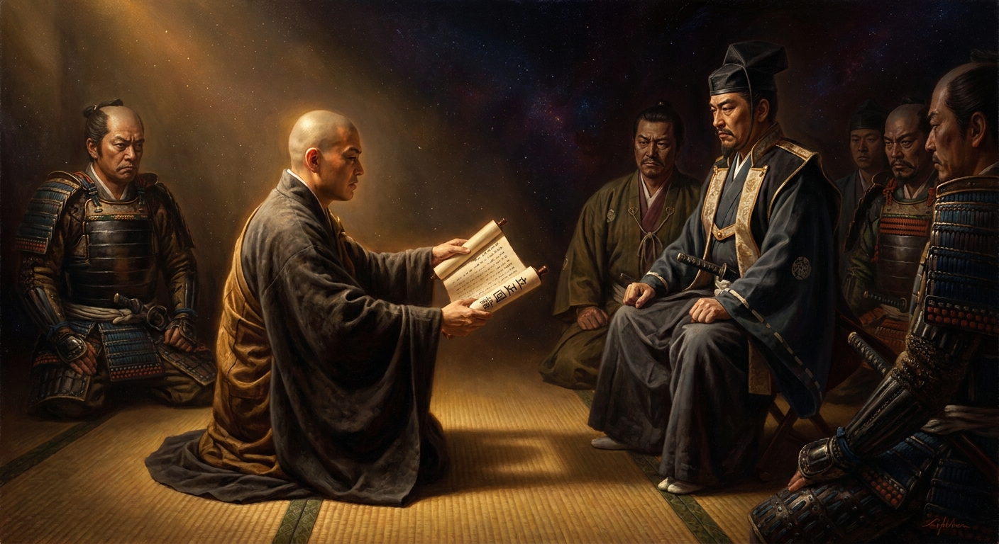 He hands the regent a treatise predicting Mongol invasion if the wrong sutras are honored. The court does not thank him.