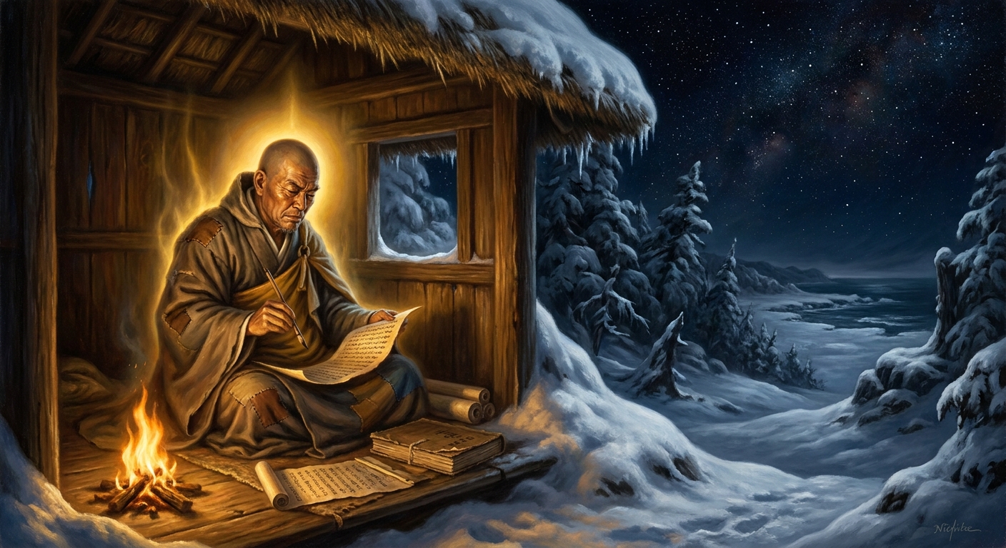 Exiled to Sado Island in the snow, writing letters in a graveyard hut. The chant continues.