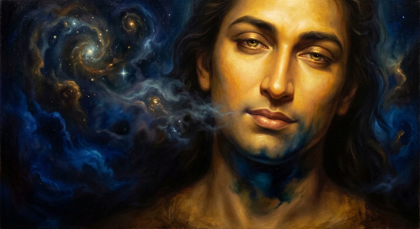 The throat darkens — first violet, then indigo, then the deep cobalt the Puranas call neela. The cosmos exhales. Shiva opens his eyes. The mark of mercy has become his name: Nilakantha, the Blue-Throated.