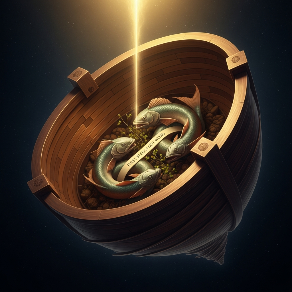 From Sirius, the ark of the Nommo descends — a vortex of beaten copper turning as it falls through the void, the twin fish-beings curled inside, half human and half serpent, carrying the first seeds and the first word.