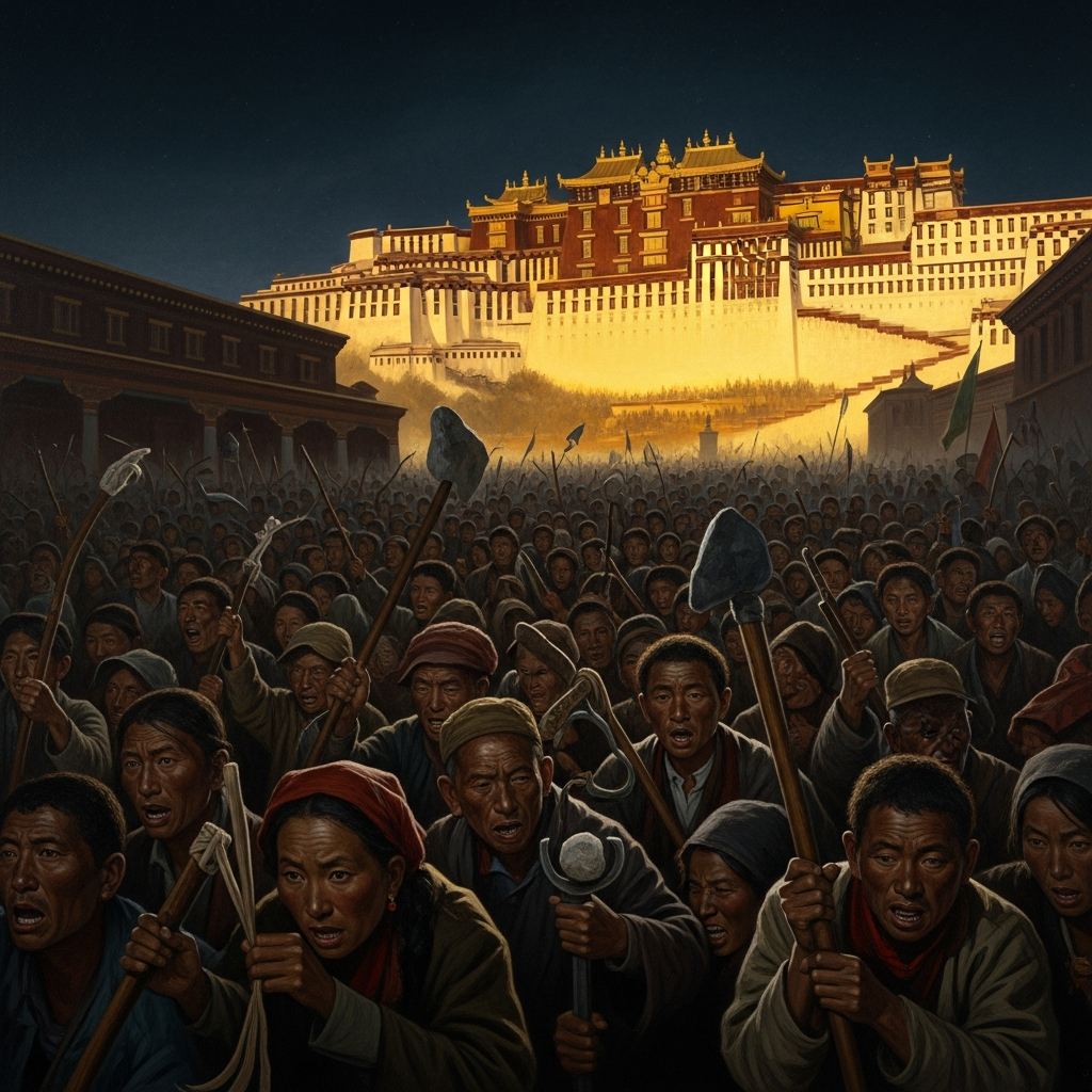 The crowd outside Norbulingka Palace on the night of March 17, 1959. Twenty thousand people, armed with whatever they carried. They do not know he is already gone.