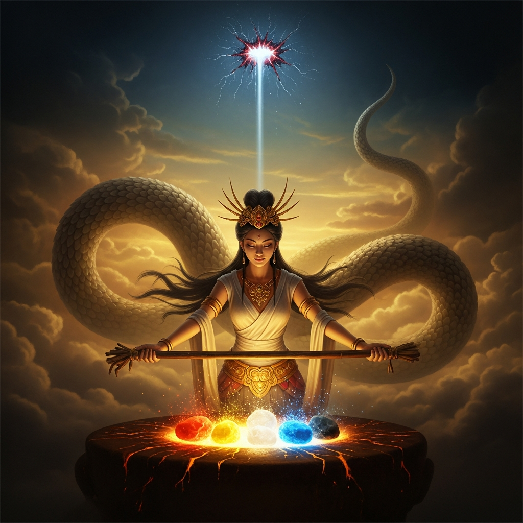 Nü Wa at her celestial furnace, the five-colored stones — red, yellow, blue, white, and black — glowing at their melting point in the forge. Her serpent tail coils behind her into cloud. The wound in the sky above her pours cold light.