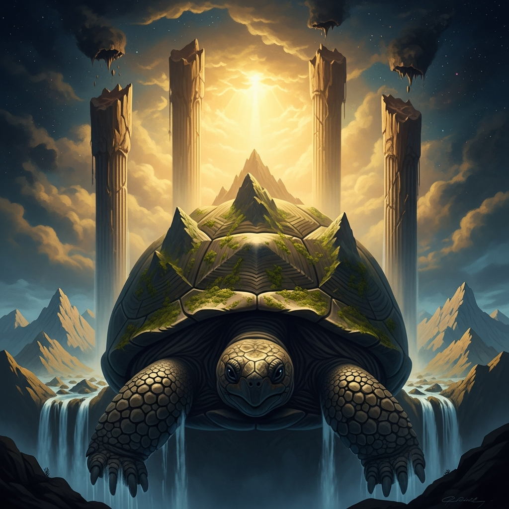 The great black tortoise of the north, its four legs severed and planted at the sky's corners as new pillars. The tortoise is still alive in most versions of the story. Nü Wa does not apologize to it.