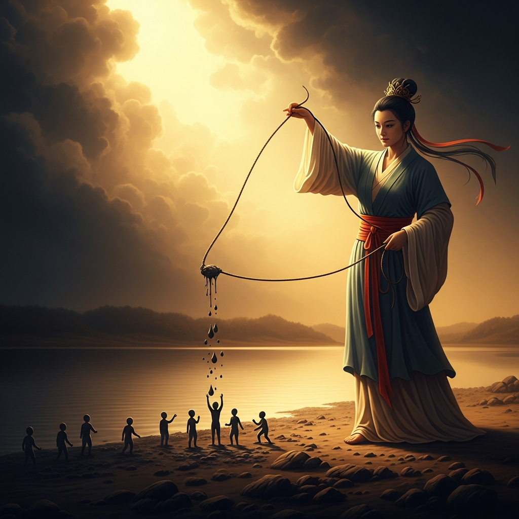 Nü Wa at the Yellow River bank, lifting a cord dipped in mud. Where the droplets fall, small figures rise — the fast humans, made by the rope rather than by hand, who will be the common people of all subsequent ages.