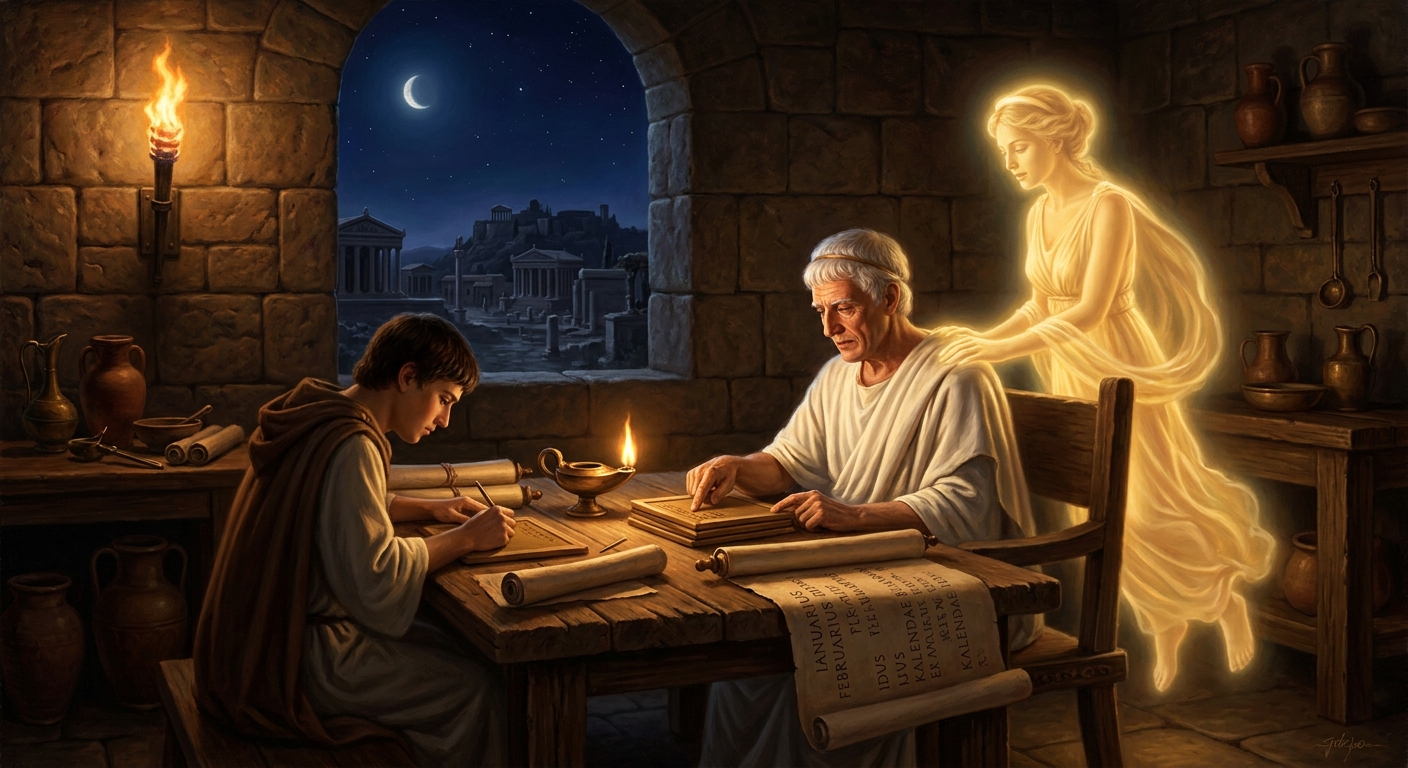 Numa writes by torchlight — the calendar, the feast-days, the rites — as Egeria dictates each word.