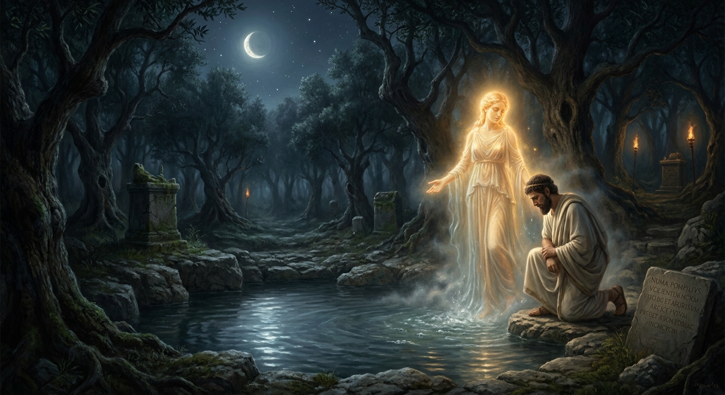 The grove of the Camenae at moonrise: Numa kneels at the spring where Egeria speaks from the water.