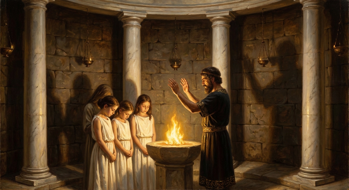 The first Vestal Virgins take their vows before Numa: keepers of Rome's eternal flame.