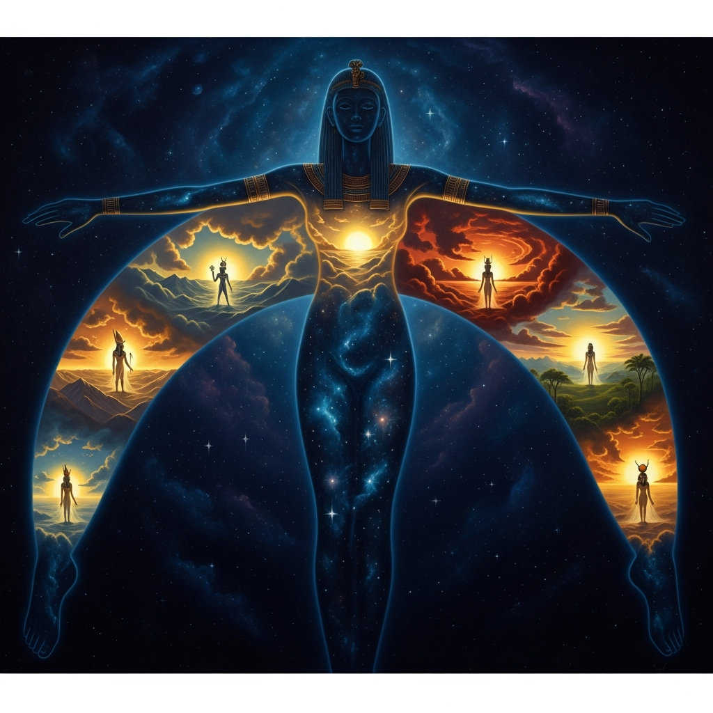 Nut stretched across the sky, her body the deep blue of the night vault, giving birth across five consecutive dawns — five children emerging into the extra days that exist outside the calendar, outside Ra's prohibition, in the space that Thoth made.