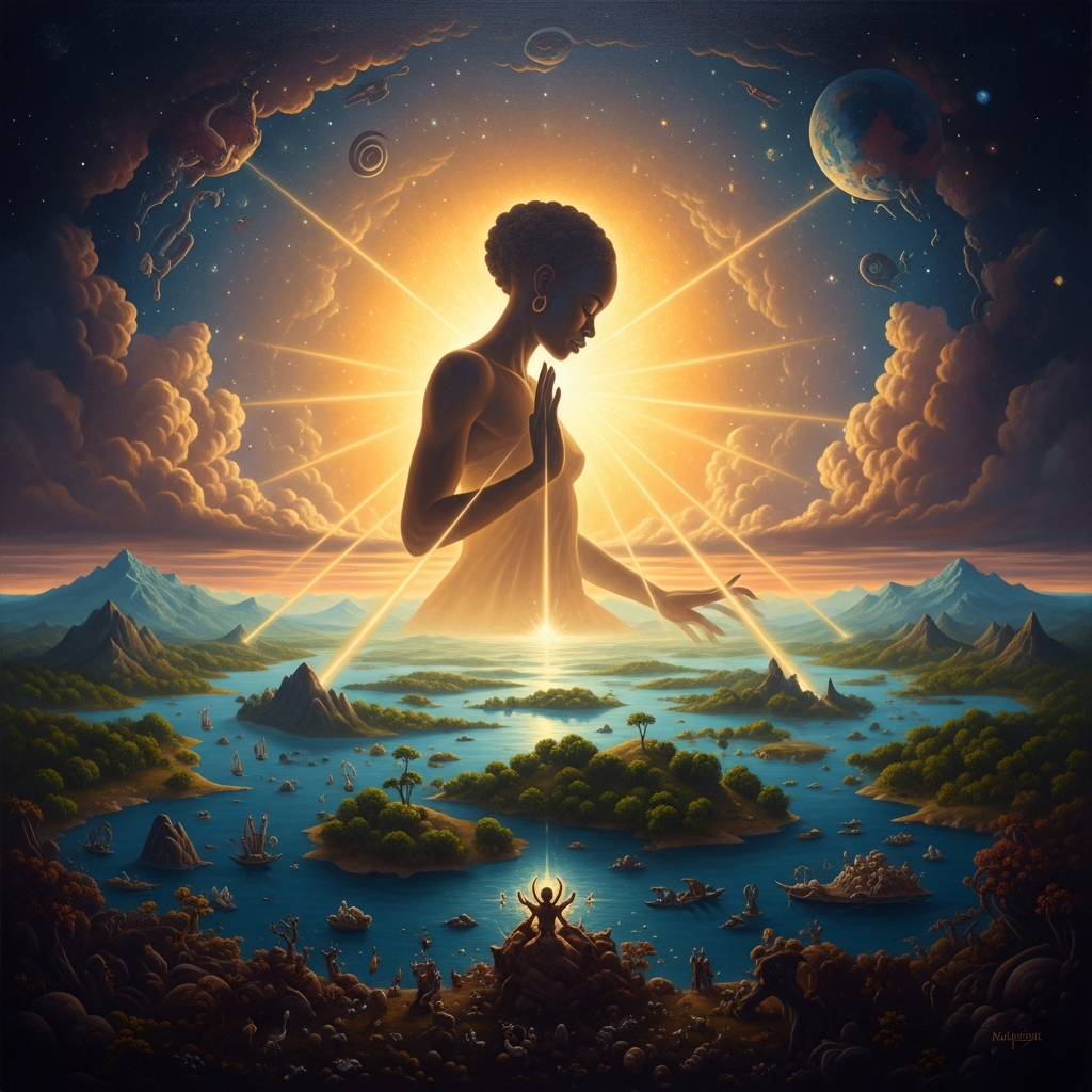 The world complete and beautiful and Nzambi already silent — the deity turning inward, becoming inaccessible, the creation finished and the creator gone into a silence that nothing on earth can break.