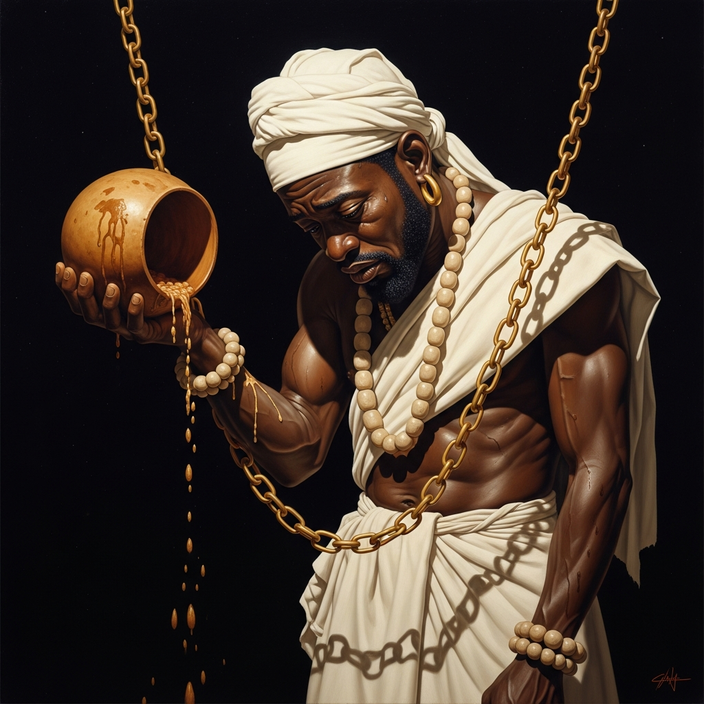 Obatala on the chain, head heavy, the calabash of palm wine tilted — the white god who was given the first task and could not wait until the work was done to drink.
