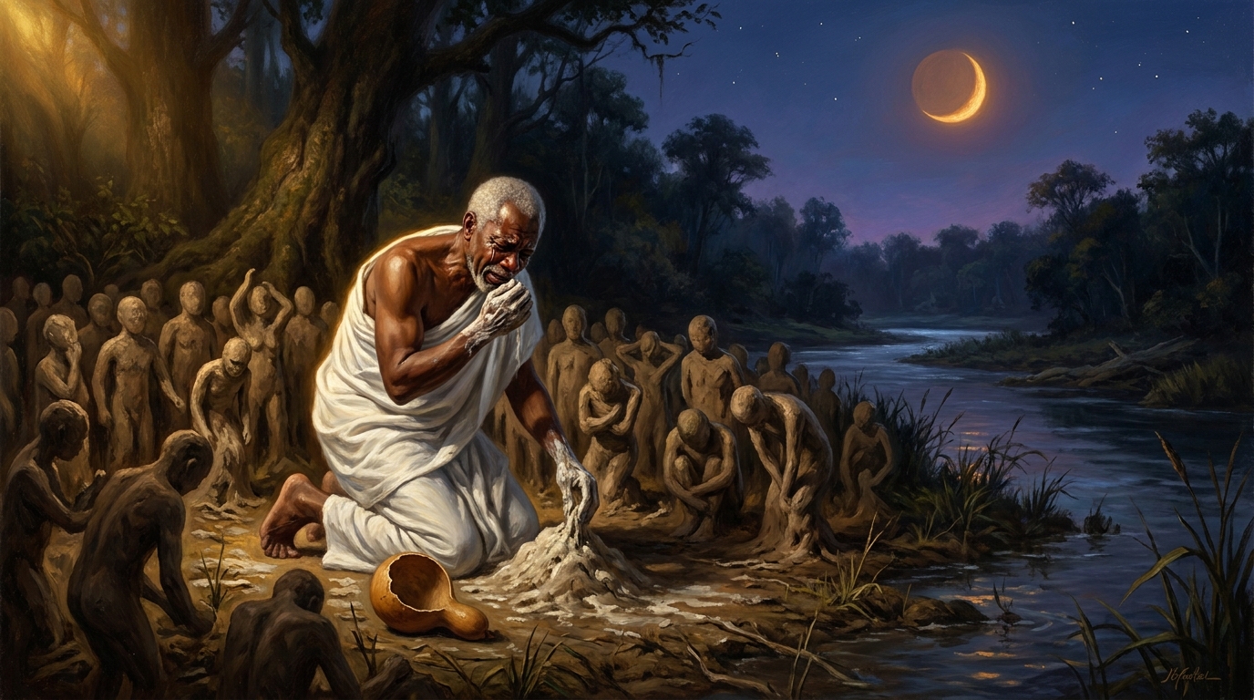Riverbank at dusk. The palm-wine gourd is empty. Obatala kneels among a hundred clay figures, some straight, some bent, weeping into the white clay he could not make come right.