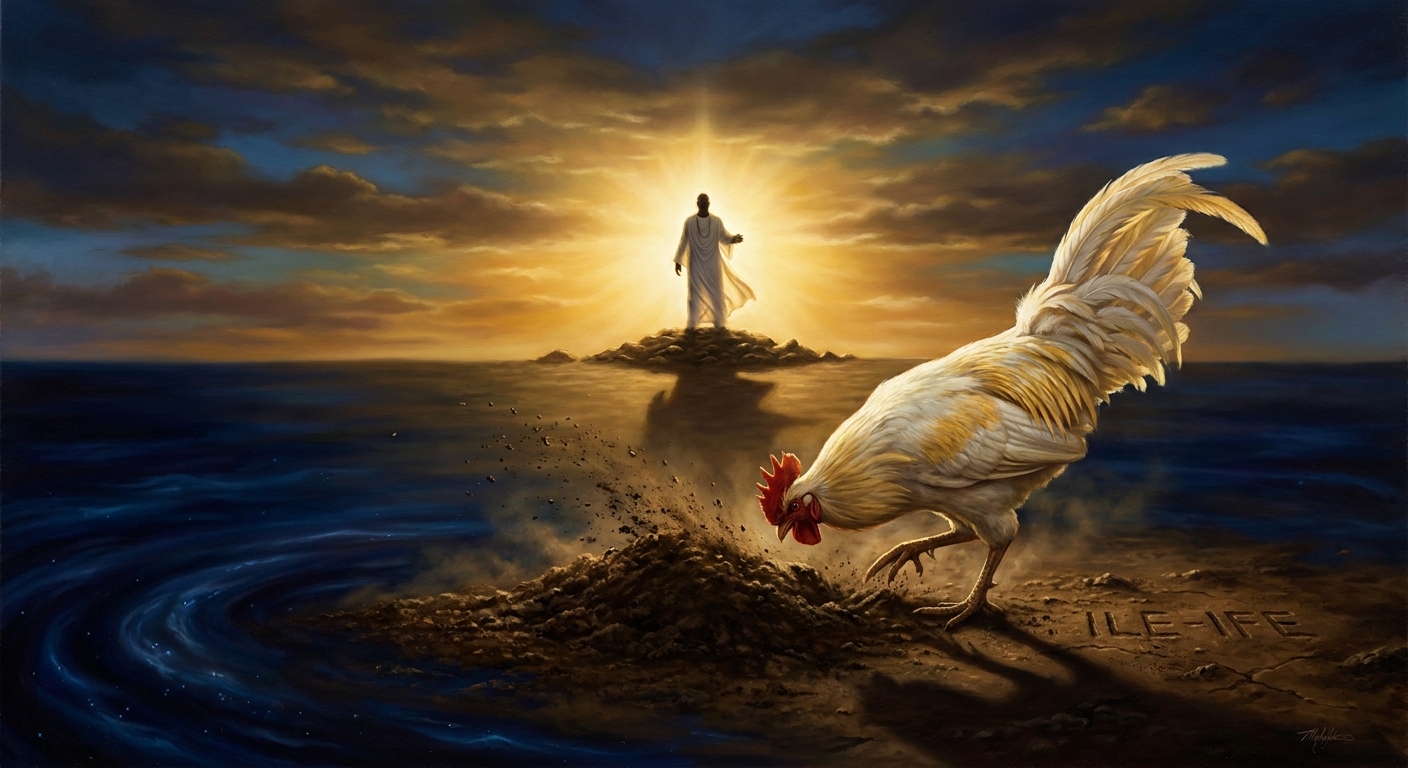 The rooster scratches the heaped soil outward in every direction across the primal water. The first dry land — Ile-Ife, the navel of the earth — runs to the horizon.