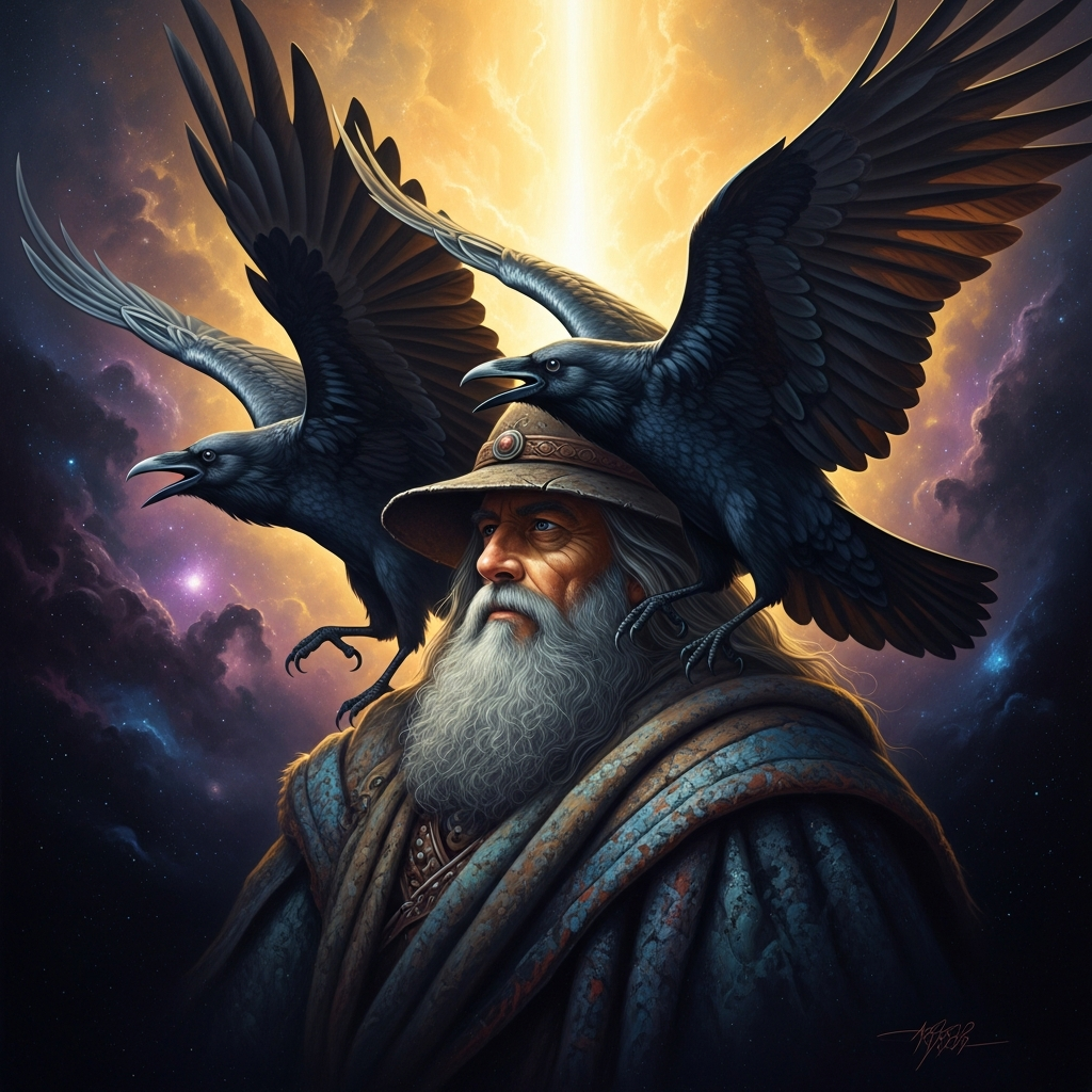 Huginn and Muninn lifting from Odin's shoulders at first light in Asgard. He watches them go with the face of a man who has done this ten thousand mornings and has never stopped being afraid they will not come back.