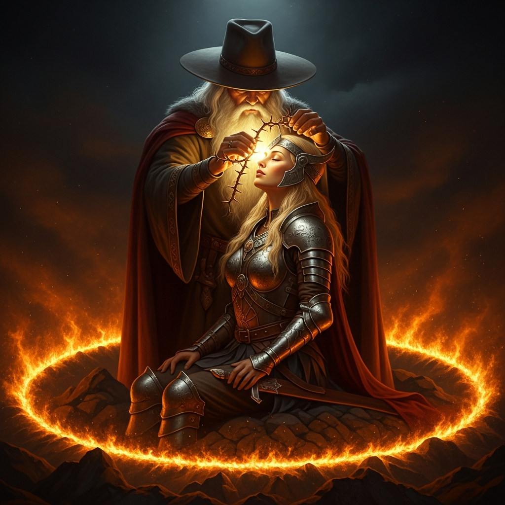 Odin presses the sleep-thorn against Brynhildr's skin. She does not flinch. She has made her choice and she will live — or sleep — with it. The fire-ring begins to rise around the mountain.