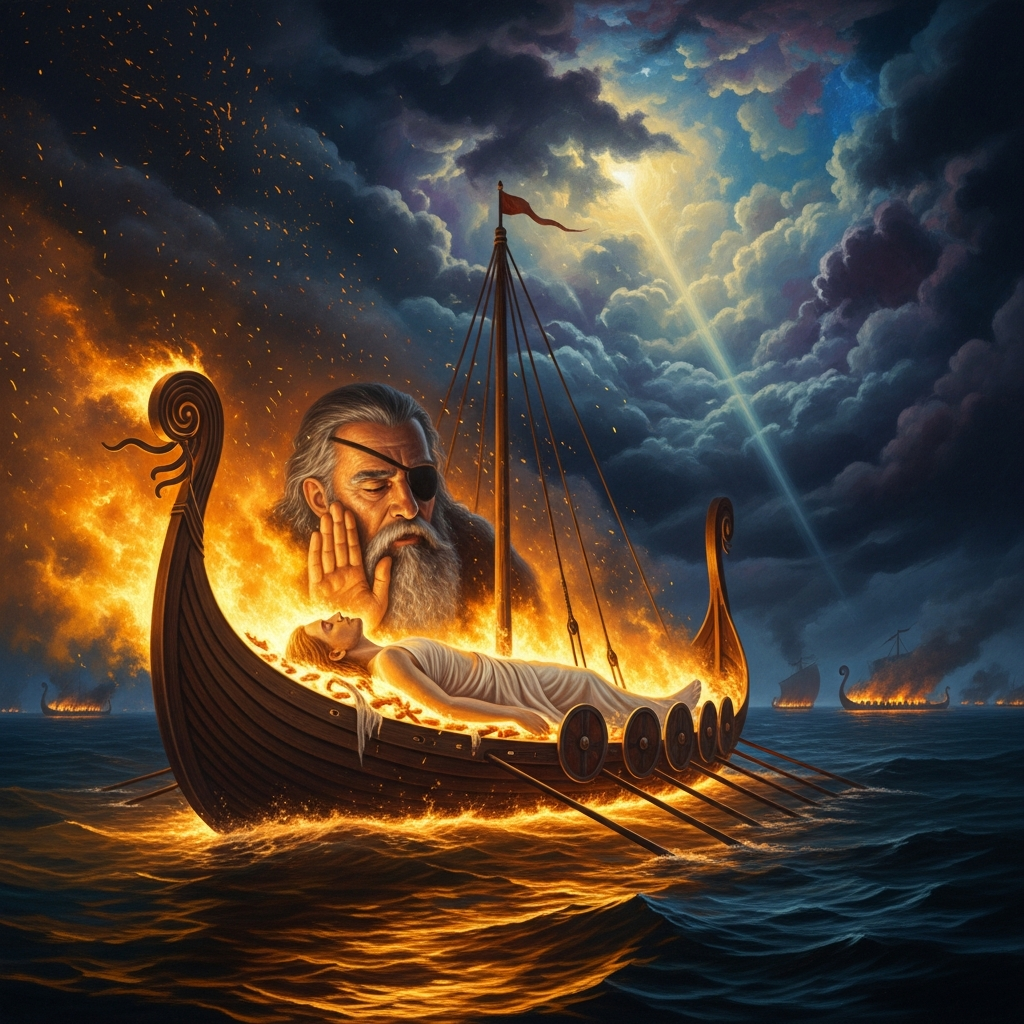 Odin on the pyre, his mouth at Baldr's ear. What he says has no witness. The ship burns and goes out to sea and the secret burns with it.