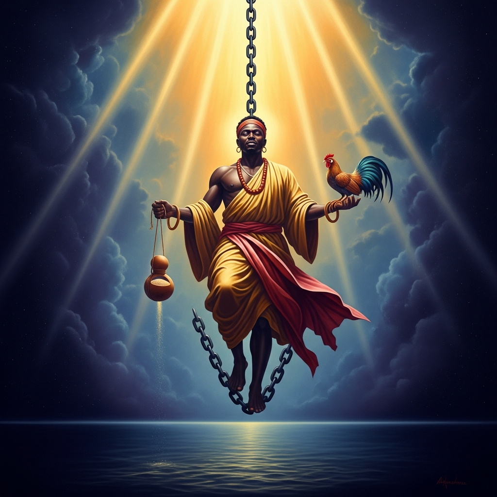 Oduduwa descends the iron chain from the sky — a figure of immense composure, the gourd of sand at one side and the five-toed hen at the other, the primordial waters stretching infinite below.