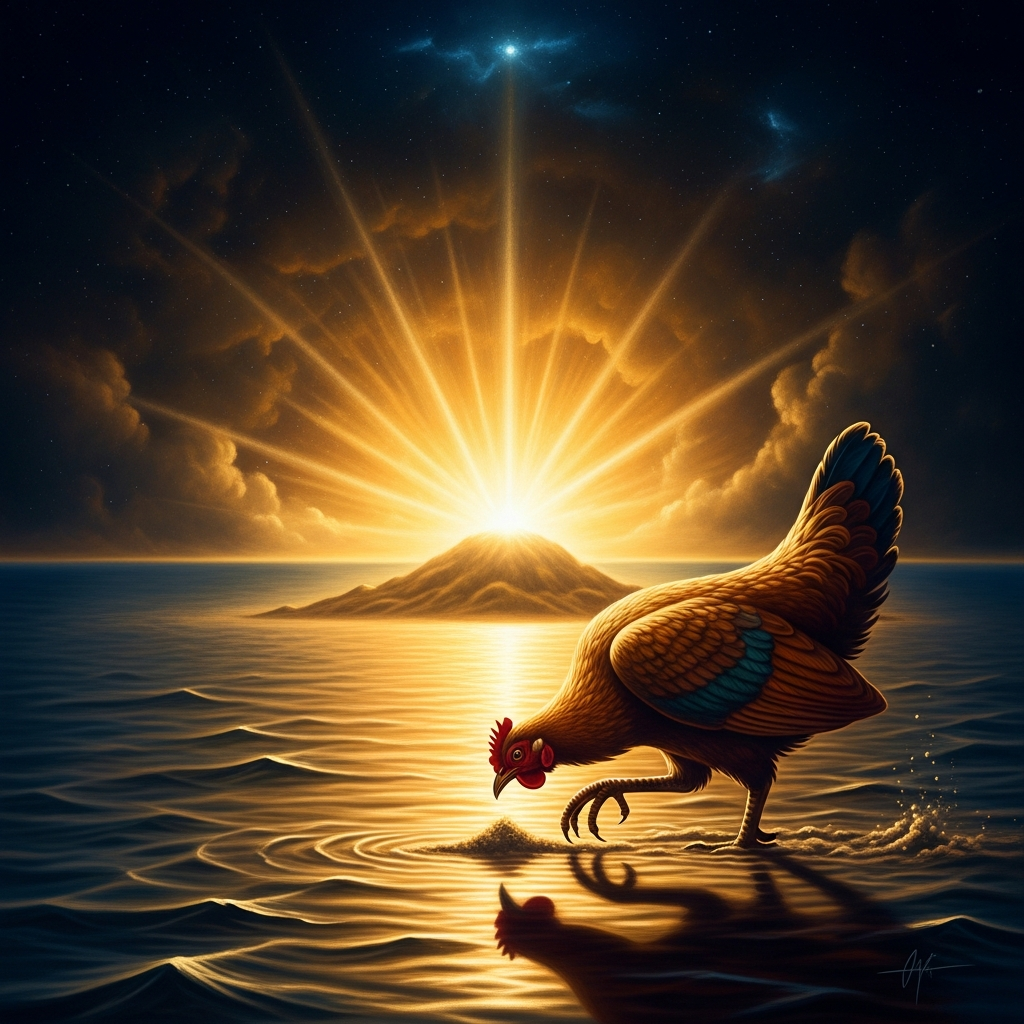 The five-toed hen scratches the sand across the surface of the waters, and earth spreads outward from a single mound at the center — the place the Yoruba call Ile-Ife, the source of existence.