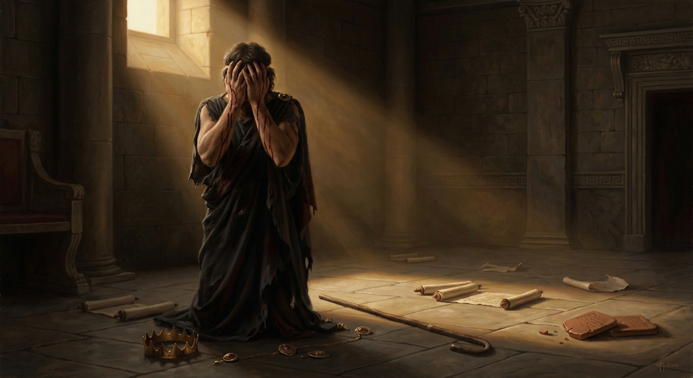 Jocasta dead by her own hand. Oedipus drives the gold pins of her dress into his eyes.