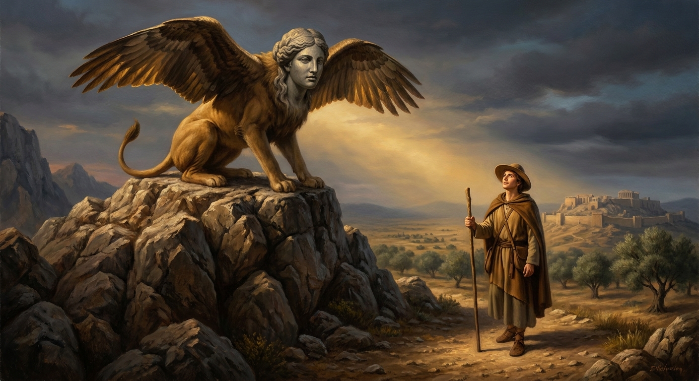  Thebes: Oedipus faces the Sphinx on her high rock and answers the riddle that has killed all others.