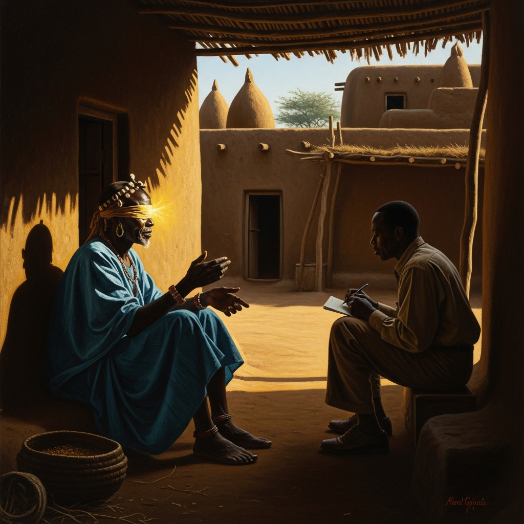 October 1946, Bandiagara Escarpment. Ogotemmeli sits blind in the shade of his courtyard, speaking the world into Marcel Griaule's notebook for thirty-three days. The afternoon light on the sandstone is the color of the inside of an apricot.