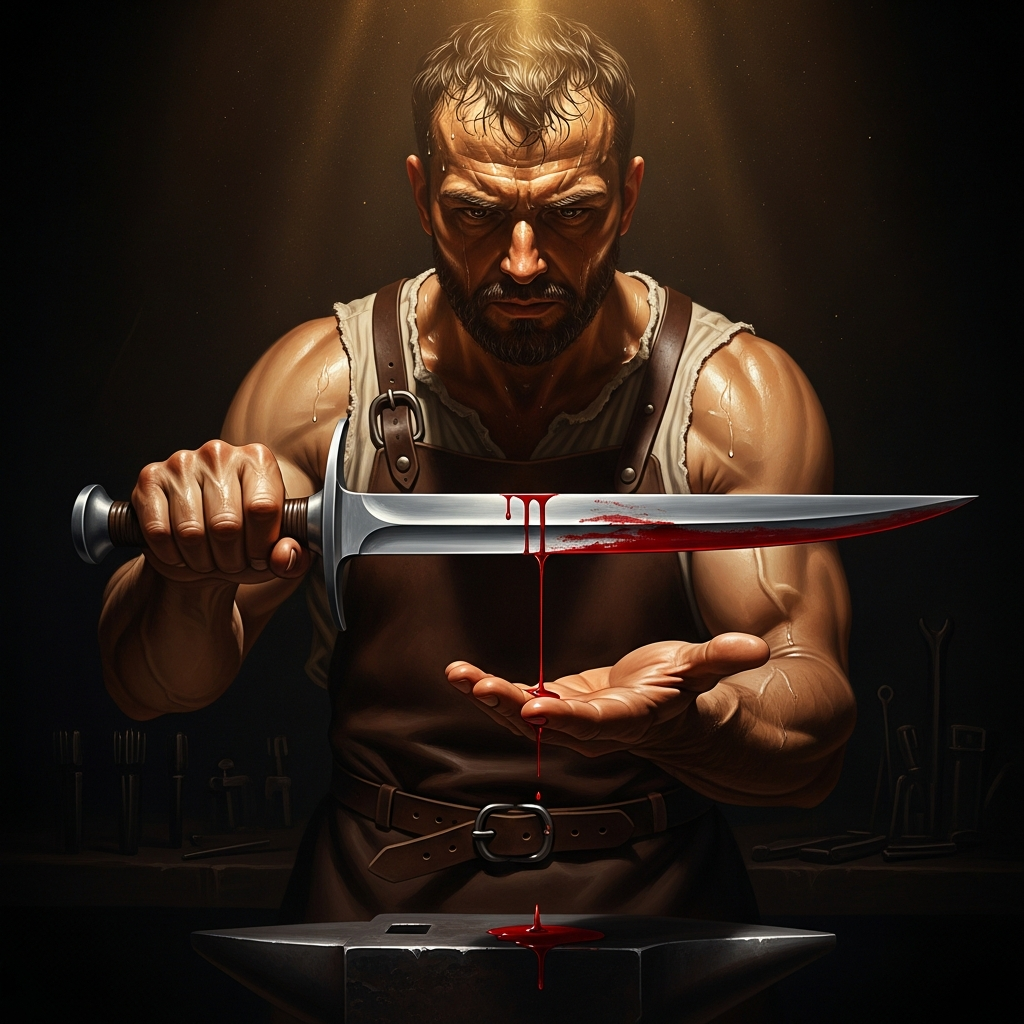 The blade cuts clean. The blacksmith draws it slowly across his palm and lets the blood run over the iron — the first offering, the oldest contract, iron and blood completing each other.
