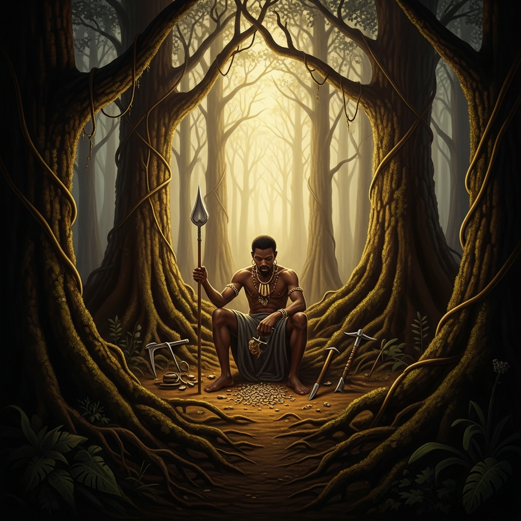 Ogun alone in the deep forest, seated among roots and vines, his tools laid out beside him. No celebration sounds reach here. The trees are old enough that their canopy is a second sky. He will not come out for the reason that he cannot promise what will happen if he does.