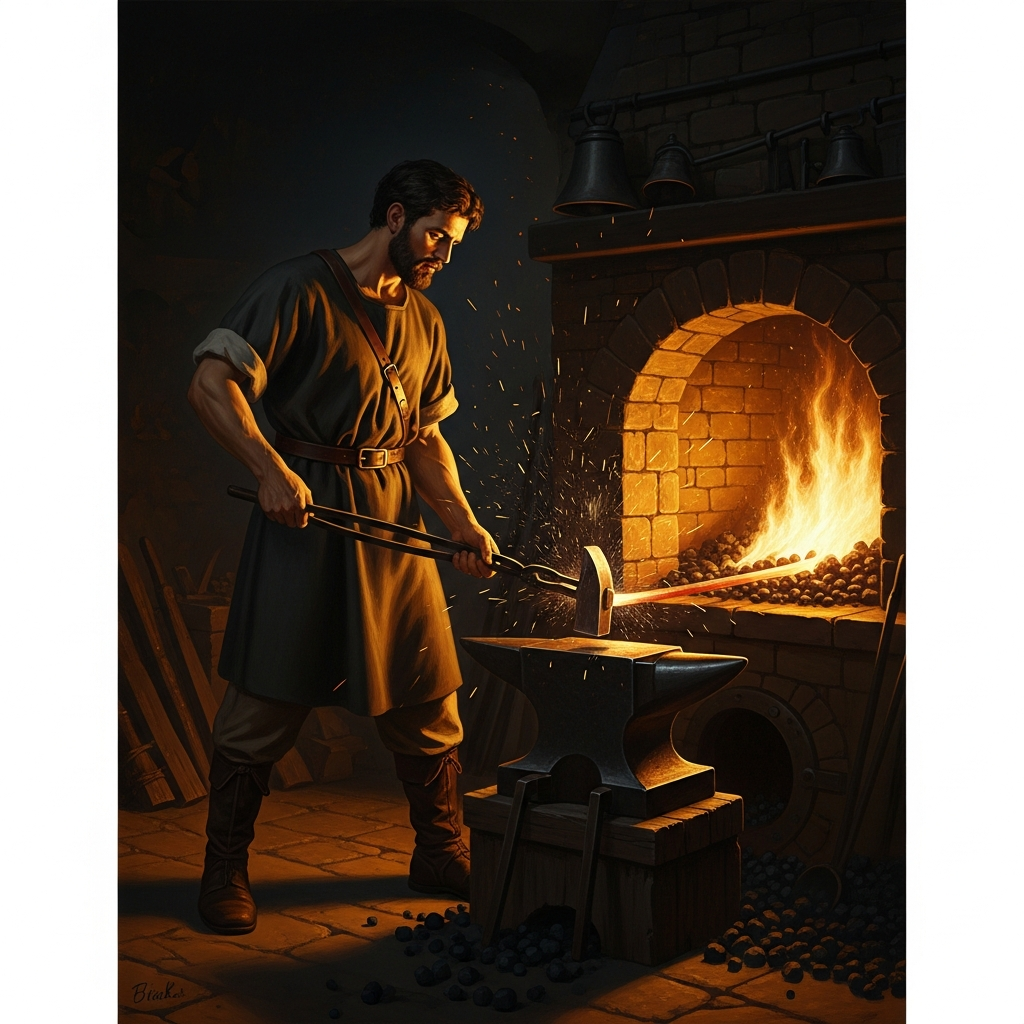 The first blacksmith at the forge: bellows driving the fire white-hot, iron rod pulled glowing from the coals, hammer ringing on the anvil. The blade takes shape in a shower of orange sparks.
