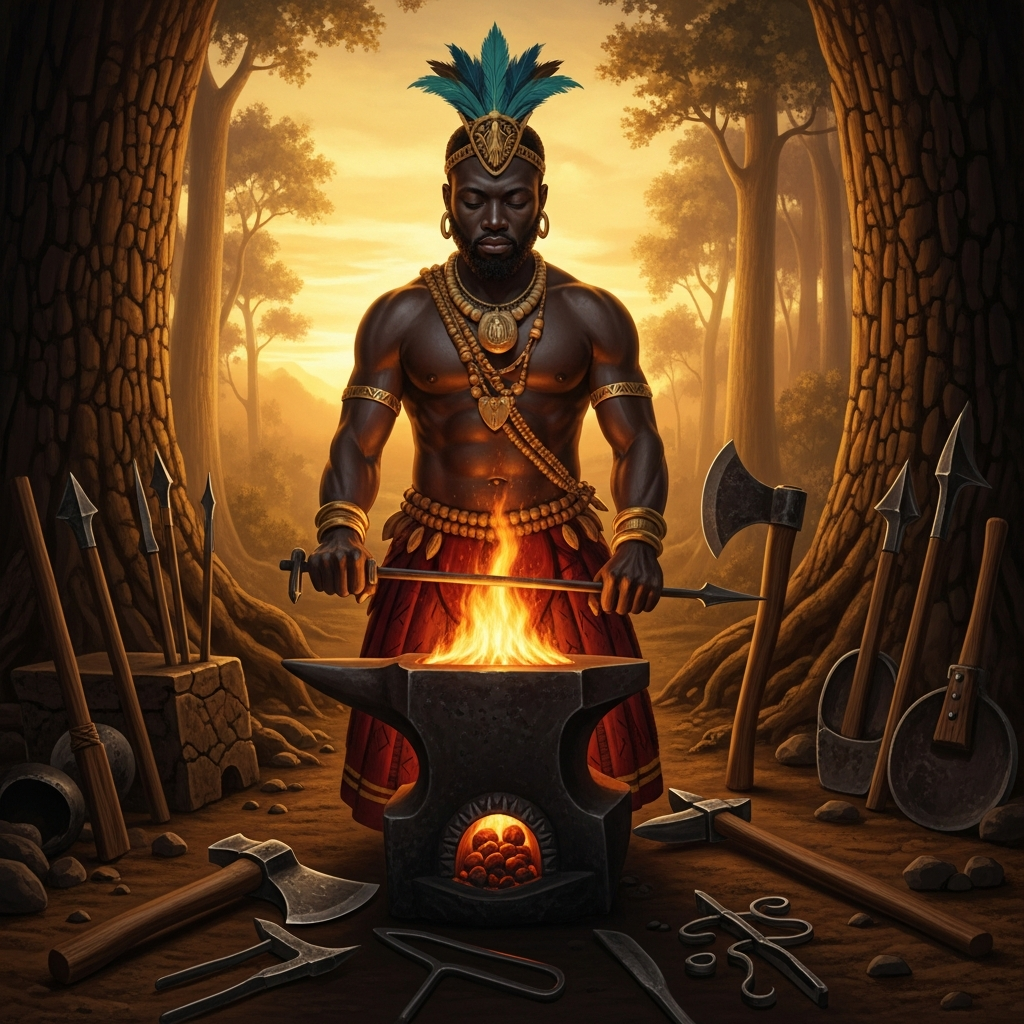 Ogun at his forge in the primal forest, surrounded by the first iron tools he made for the orishas — machetes, hoes, surgical blades, the first axe. The fire is the color of the sun at the horizon. His face is focused in the way of a man who is not thinking about himself.