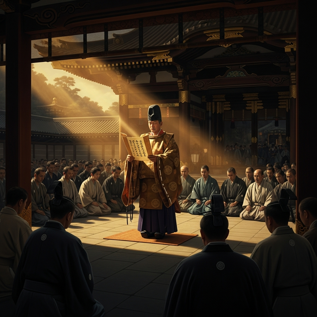 The Nakatomi priest reads the purification prayer aloud in the courtyard of the imperial palace. The congregation listens. The words have been spoken this way for a thousand years.