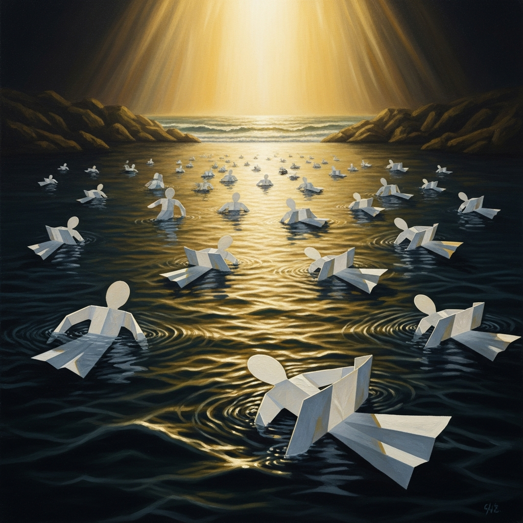 The white paper dolls float on the surface of the river, dozens of them, each carrying an invisible weight. The current takes them toward the sea.