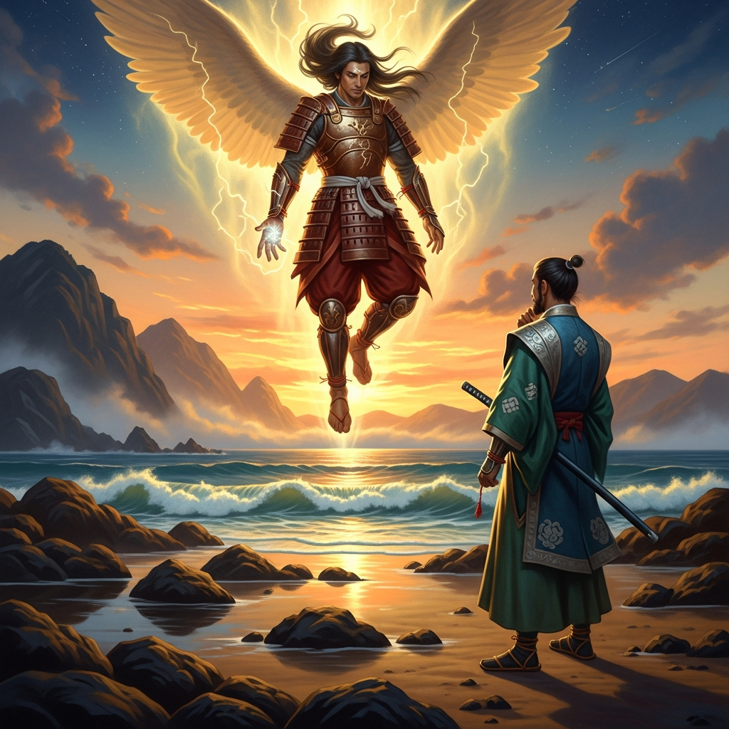 The heavenly messenger Takemikazuchi descends to the shore at Inasa. Okuninushi stands in the morning light and considers. He does not reach for his sword.