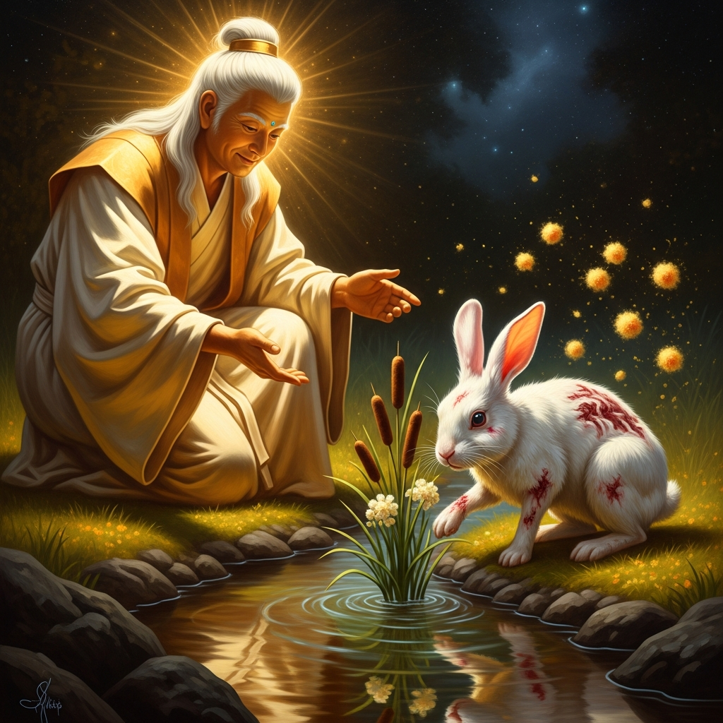 Okuninushi finds the white rabbit of Inaba stripped of its fur by the cruel deities. He teaches it to wash in fresh water and roll in cattail pollen. The rabbit heals.