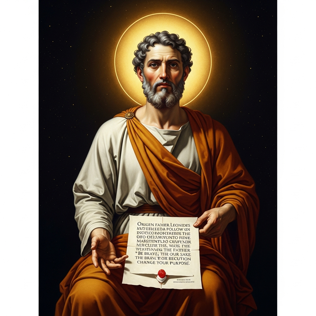 Origen at seventeen. His father Leonides has just been beheaded under Septimius Severus. Origen wants to follow him into martyrdom; his mother hides his clothes so he cannot leave the house. He writes his father a letter the night before the execution: *Be brave; do not, for our sake, change your purpose.*
