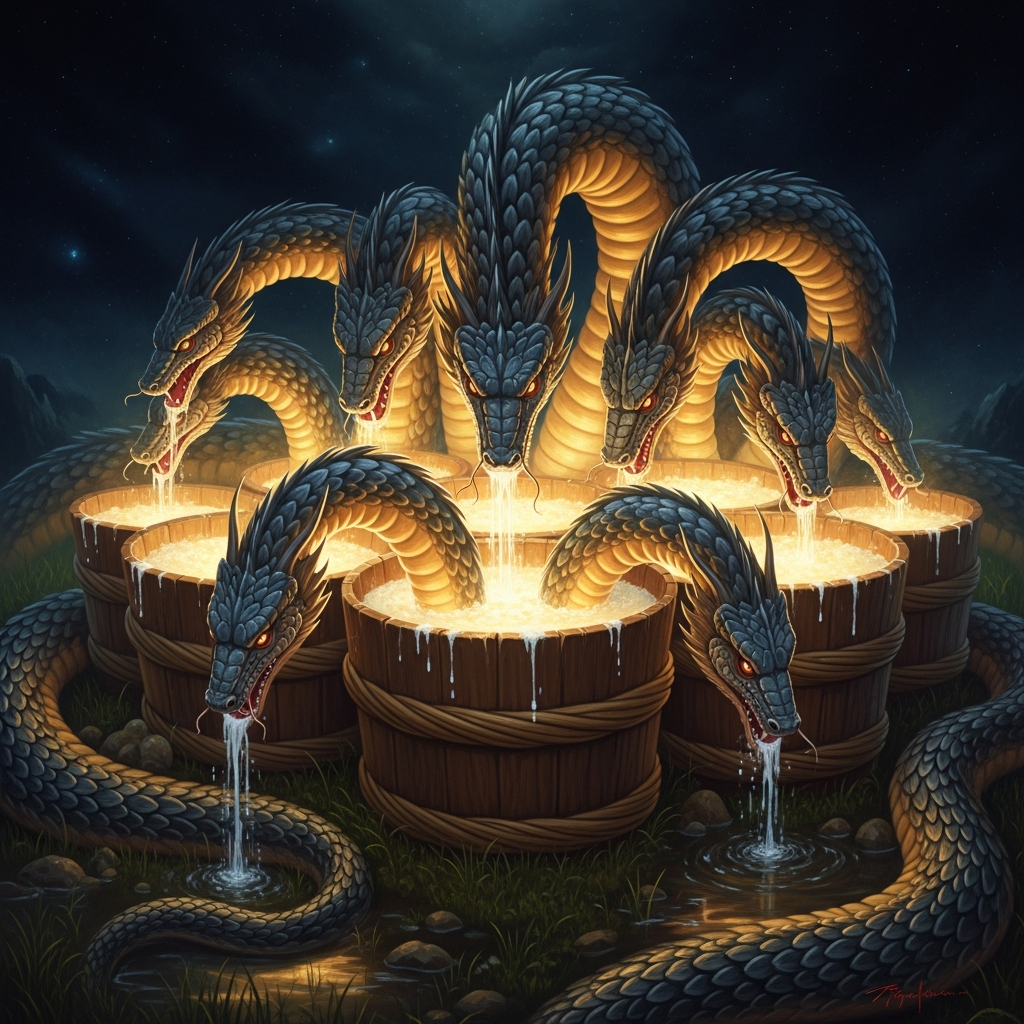 Yamata no Orochi lowers all eight heads into the eight vats. The sake is strong. The serpent drinks until its heads descend to the wet grass.