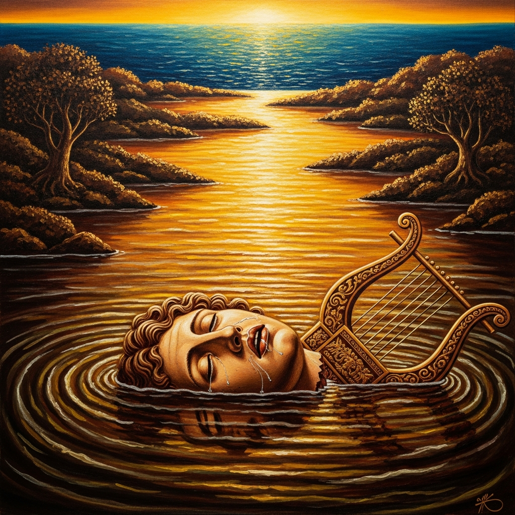 The severed head of Orpheus floating down the river Hebrus toward the Aegean, the lips still moving, the lyre drifting beside it — classical red-figure pottery, Thracian banks, the sea opening ahead.